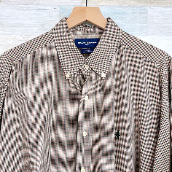 Ralph Lauren Golf Vintage Tilden Button Down Shirt Brown Plaid Cotton Mens XL - Picture 2 of 6